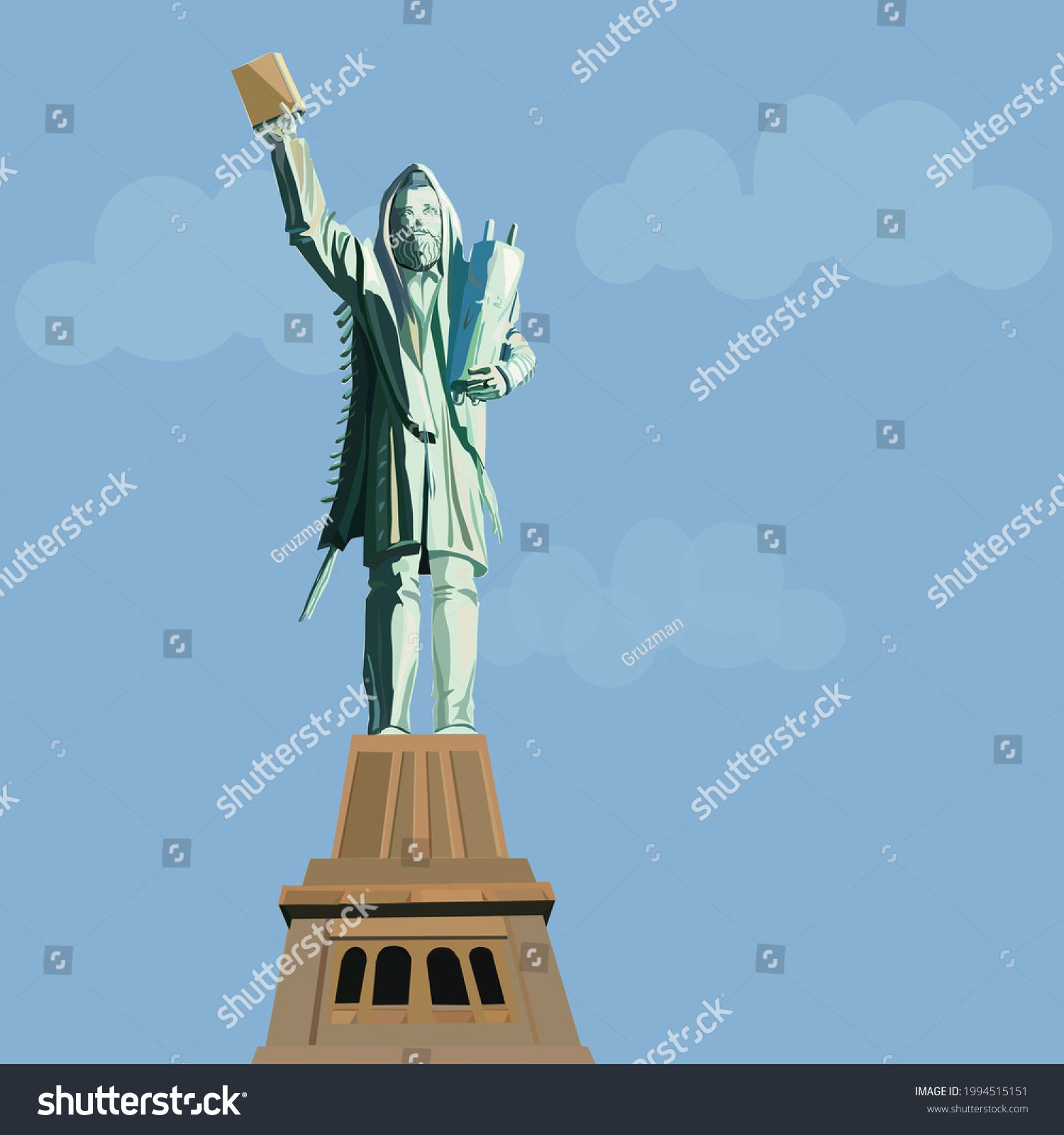 פסל החירות כמו יהודי חרדי מניף מרים סידור ספר תורה מחזיק 1994515151טלית תפילין תכלת רקע שמיים ...jpg