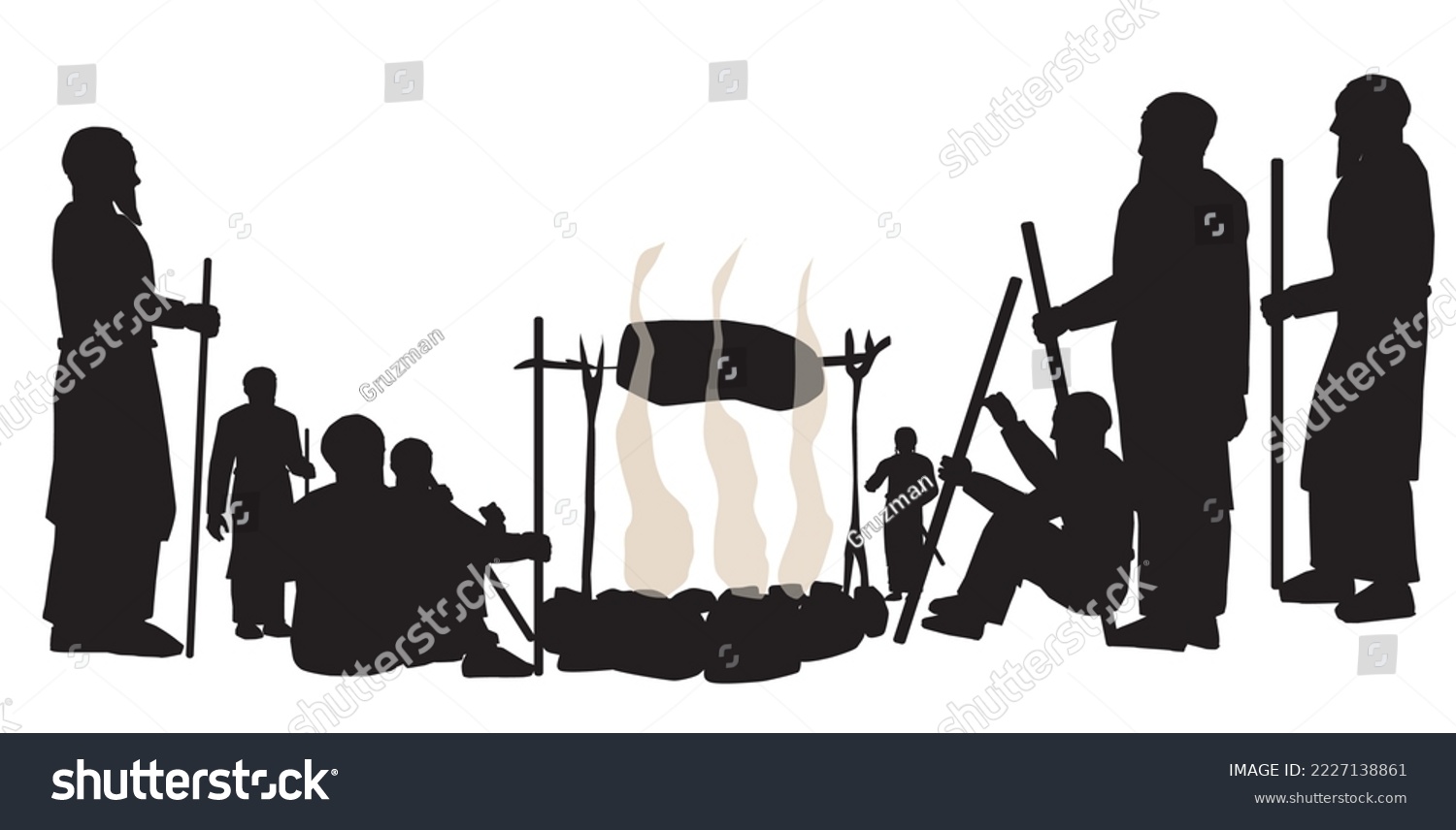 ציור איור של קרבן פסח במצרים דמויות הסטוריות מקריבות על האש צולות צלליות שחורות וקטור-2227138861.jpg