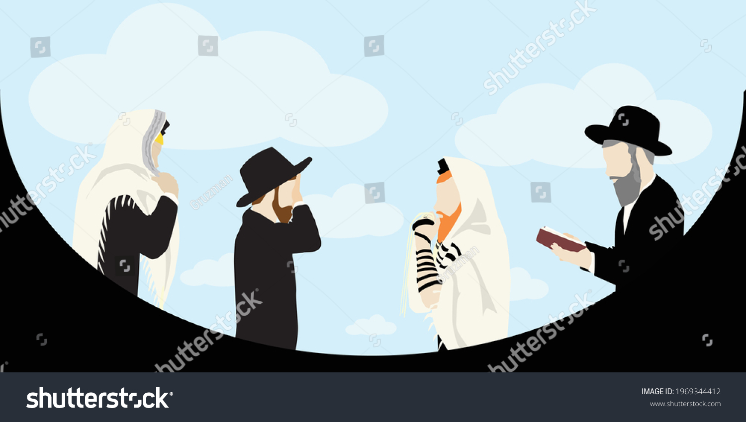 ציור באנר של אנשים מתפללים יהודים בתפילה תפילה סידוק טלית תפילין קריאת שמע 1969344412.jpg