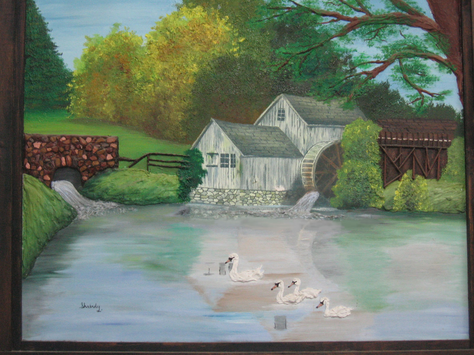 ציור בשמן +הבלטות בשפכטל.(העץ ,הגשר וכו.)
המפל מתחת לגשר עשוי סיליקון ועליו צביעה אורירית