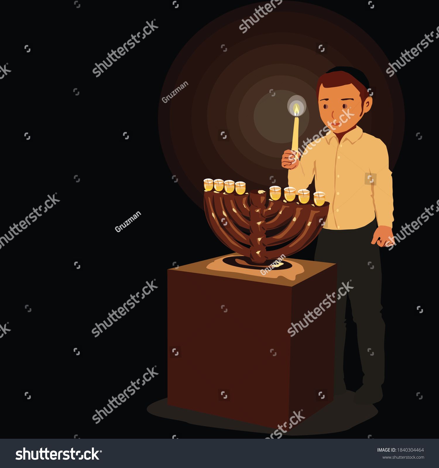 ציור וקטורי בצבעים חמישם של ילד יהודי מדליק נרות חנוכה בחנוכיה-1840304464.jpg