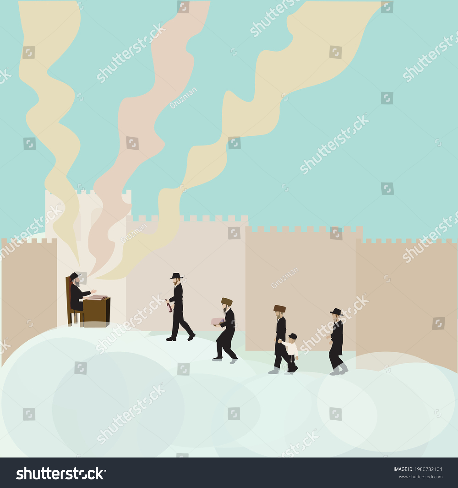 ציור וקטורי חסידים עולים לרגל לרבי רבי רב אדמור שטריימל חסיד אברך ילד ירושלים חומות אמנות יהוד...jpg