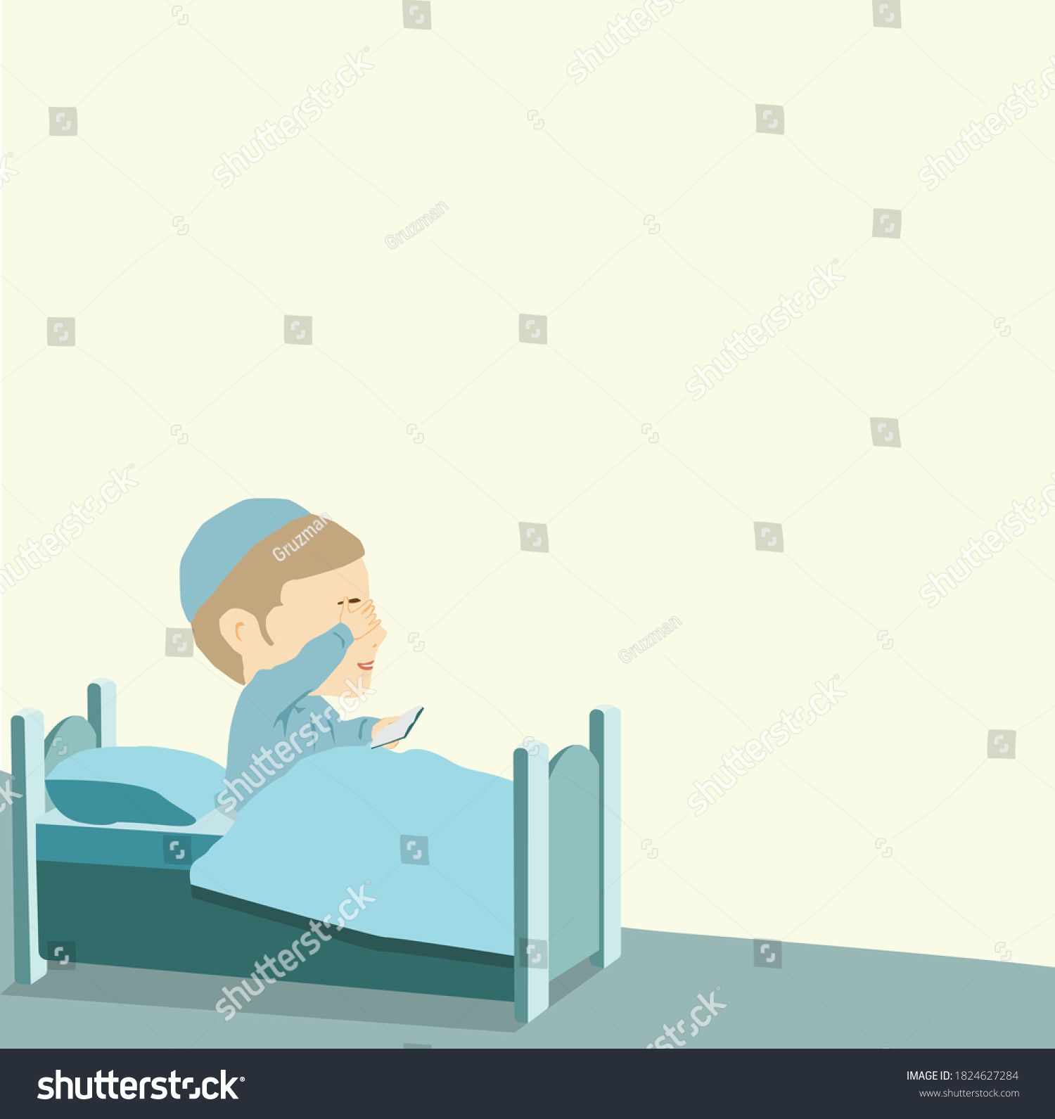 ציור וקטורי של ילד יהודי אומר קריאת שמע שעל המיטה קורא מכסה את העיניים במיטה-1824627284.jpg