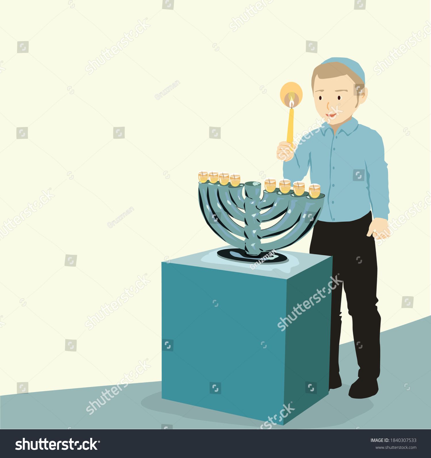 ציור וקטורי של ילד יהודי מדליק נרות חנוכה בחנוכיה-1840307533.jpg