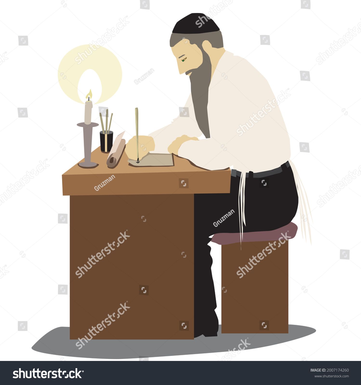 ציור וקטורי של סופר סת ם סתם איור קליפארט קליפ ארט יהודי חרדי עם זקן יושב וכותב מגילה מזוזה תפ...jpg