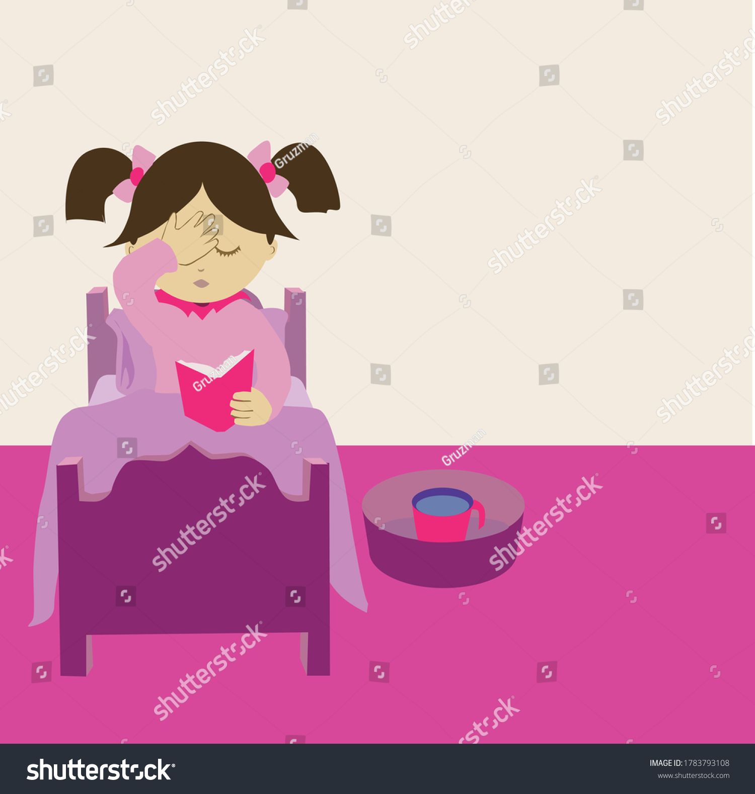 ציור להורדה של ילדה אומרת קוראת קריאת שמע שעל על המיטה מכסה את העיניים עם סידור ספל נטלה וקערה...jpg