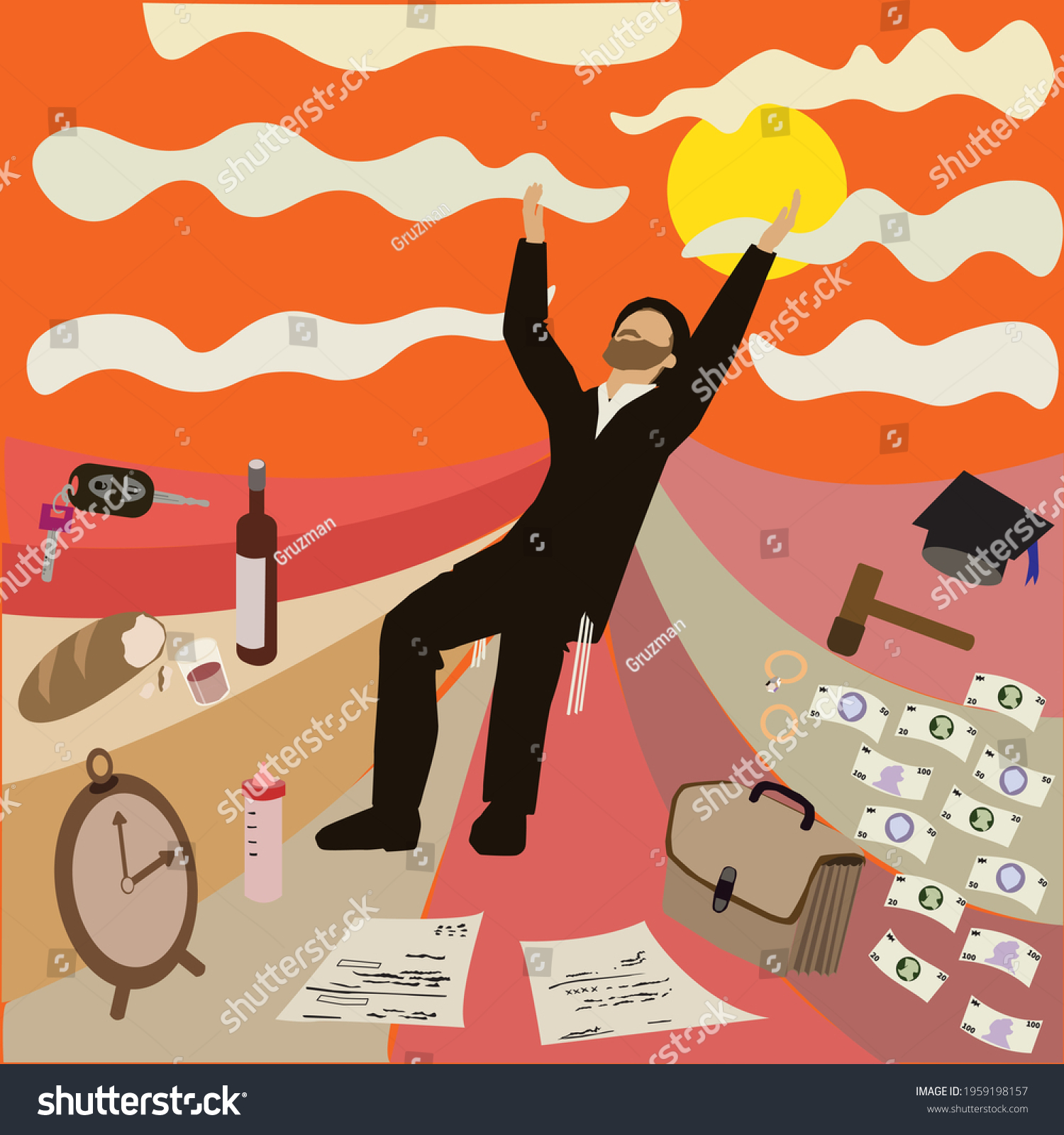 ציור של חסיד יהודי דתי חרדי אברך מול כל טרדות העולם הזה עבודה כסף פרנסה דיונים משפטים משפטיים ...jpg