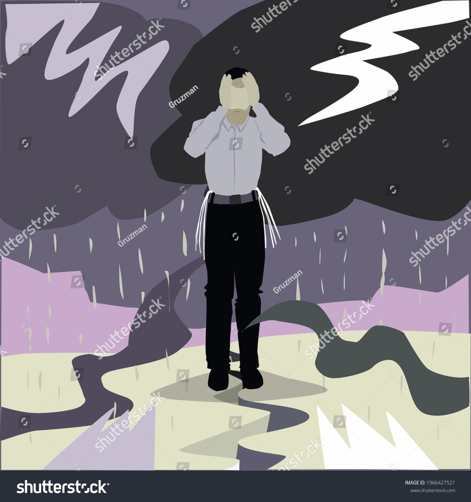 ציור של חסיד יהודי חרדי אברך עומד ומרים ידיו מניח ידיים על הפנים פניו ביאוש בפחד בחרדה בחרטה-1...jpg