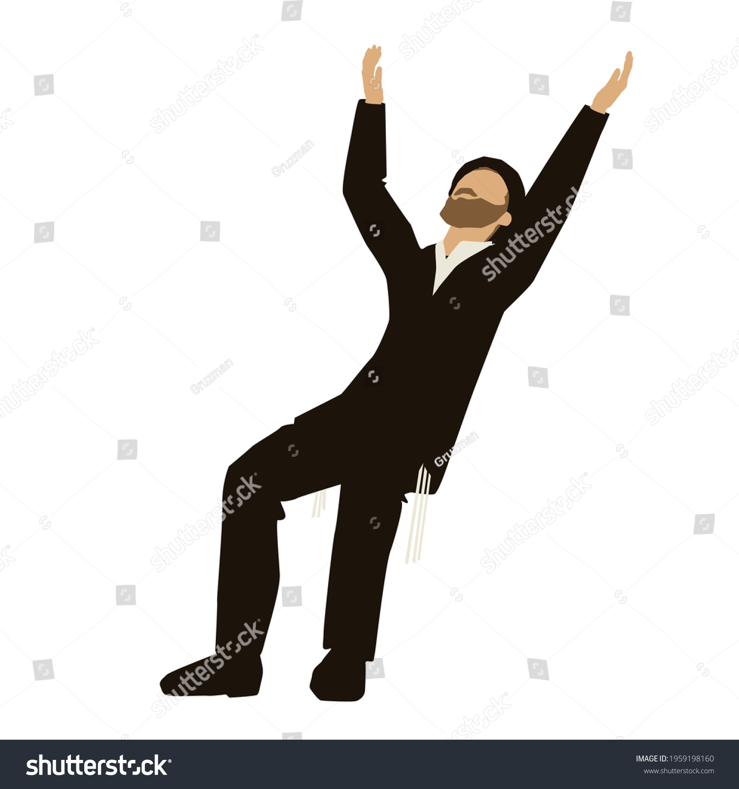 ציור של חסיד נושא ידיו ידיים לשמים לשמיים לה' לקבה עם חליפה ציצית מגבעת חסיד וקטורי-1959198160.jpg