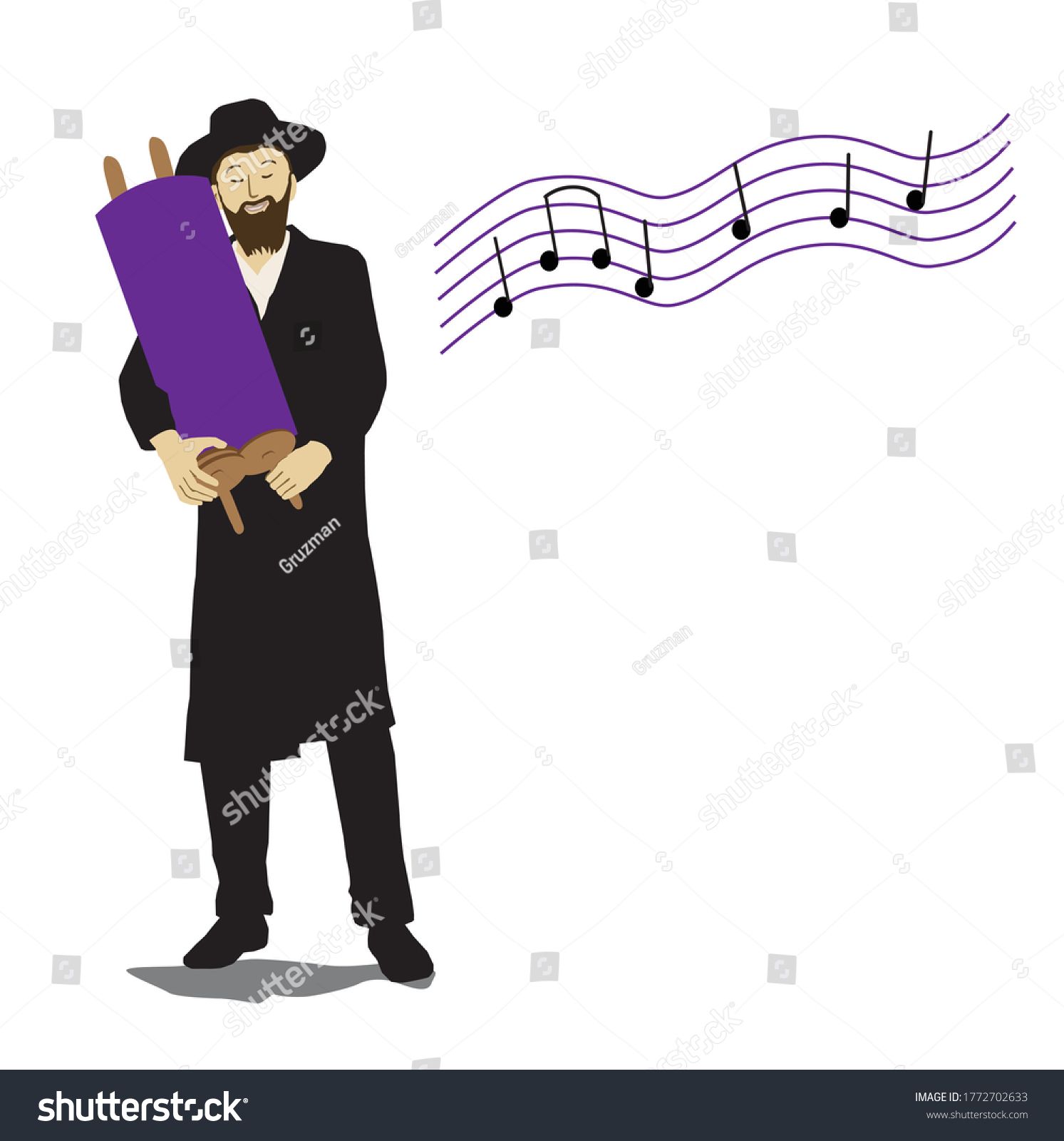 ציור של חסיד רוקד עם ספר תורה מגבעת הכנסת הזמנה רקע תווים שר-1772702633.jpg