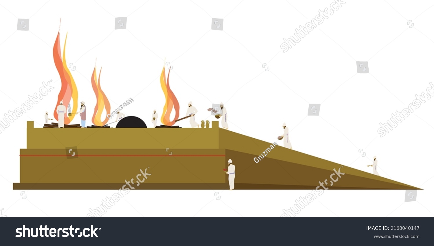 ציור של מזבח העולה ועליו כהנים עובדים מקריבים כהן גדול בבגדי זהב וכהנים הדיוטים בבגדי כהונה וק...jpg