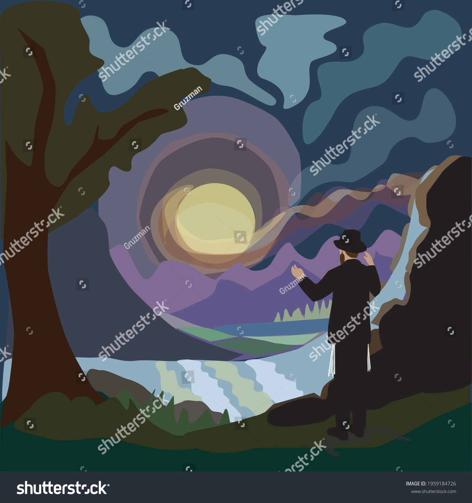 ציור של מצוות עשה אמונה בה בהשם. חסיד עומד ומתבונן איך כל הבריאה נבראה על ידי הקבה -1959184726.jpg