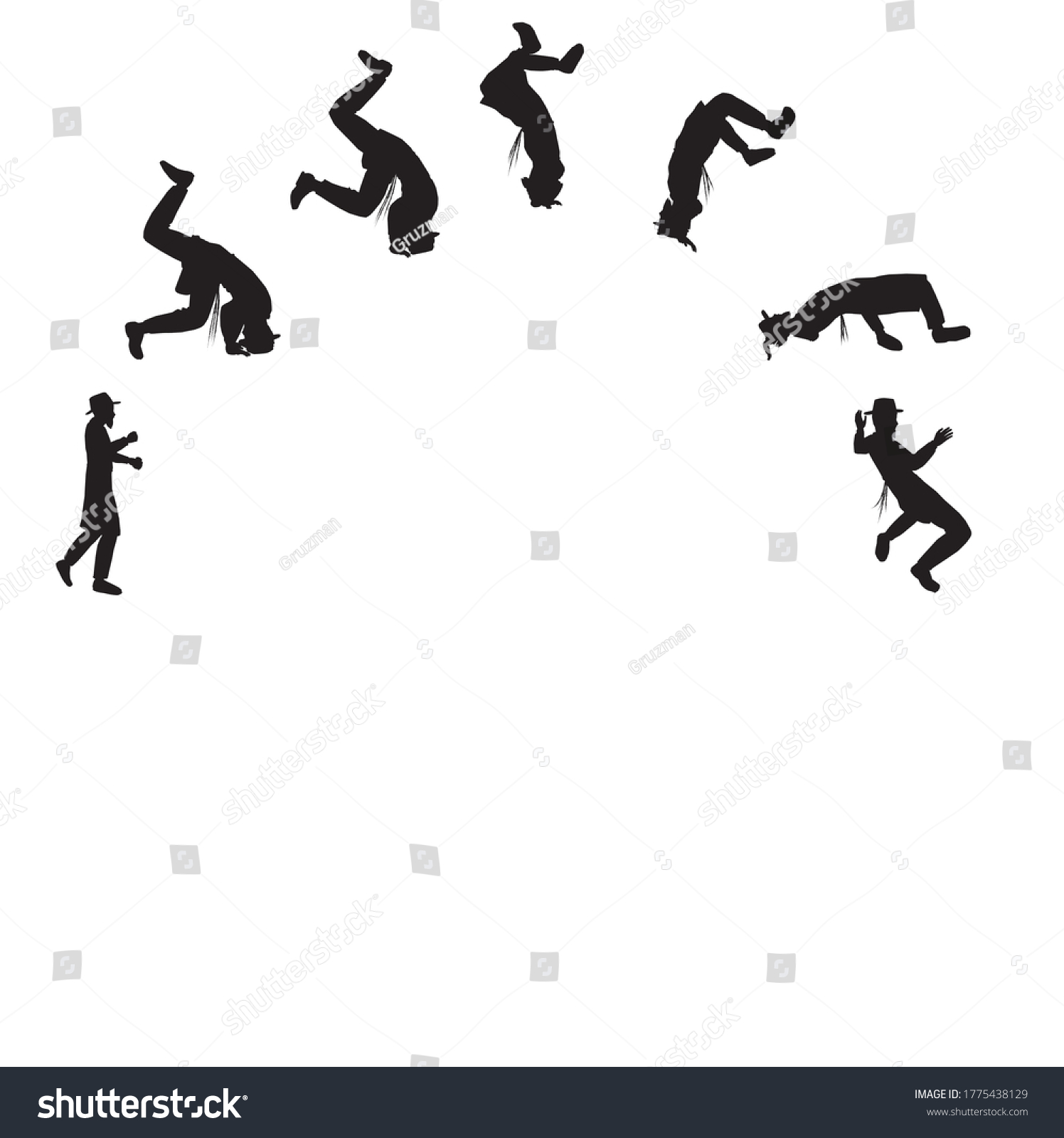 צללית וקטורית שחורה של חסיד עושה סלטה, קולע, גילגולה, עומד על הראש מתגלגל סדרה של צלליות סט-17...jpg