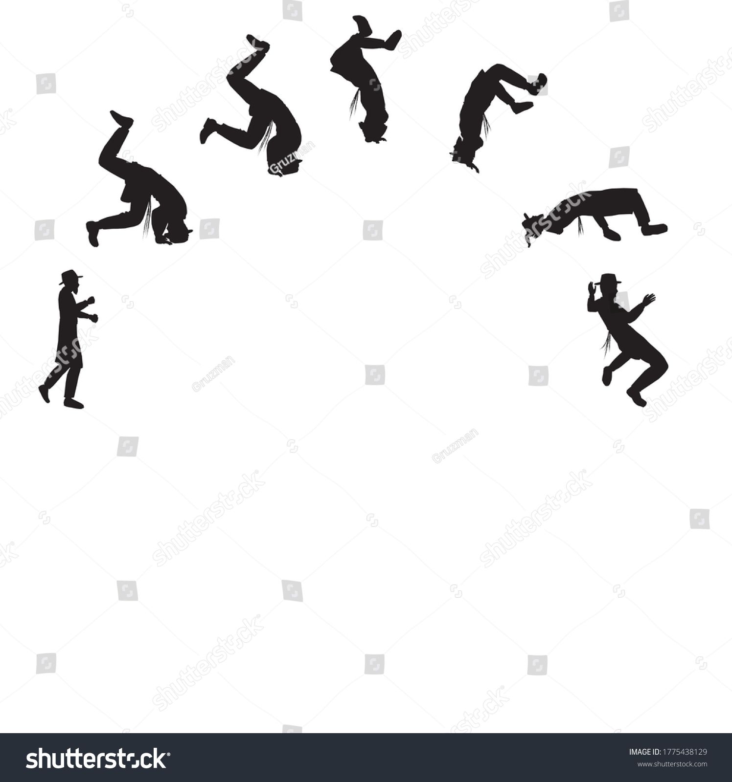 צללית וקטורית שחורה של חסיד עושה סלטה, קולע, גילגולה, עומד על הראש מתגלגל סדרה של צלליות סט-17...jpg