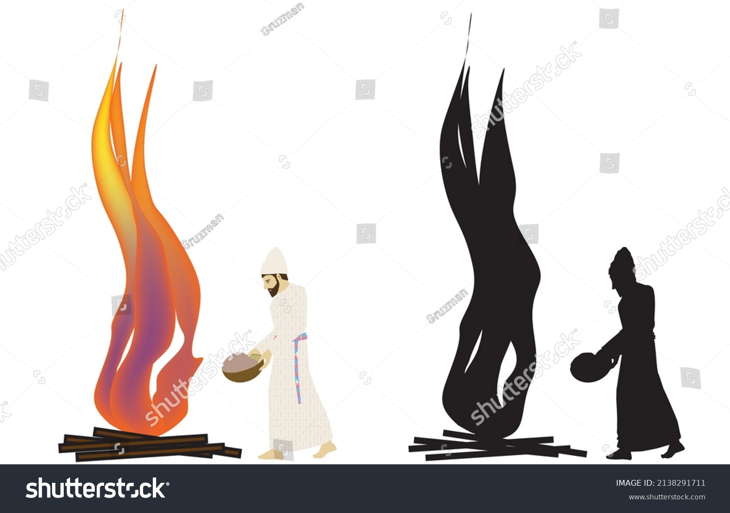 צללית שחורה וציור וקטורי צבעוני של כהן מקריב קורבן בגדי כהונה כוהנים עבודת המקדש בית ציורים אי...jpg