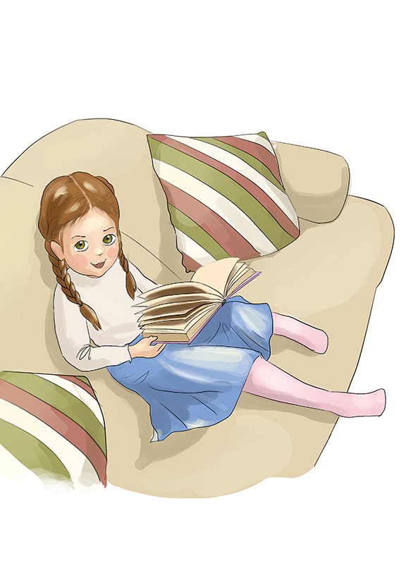 קוראת על ספה קטן