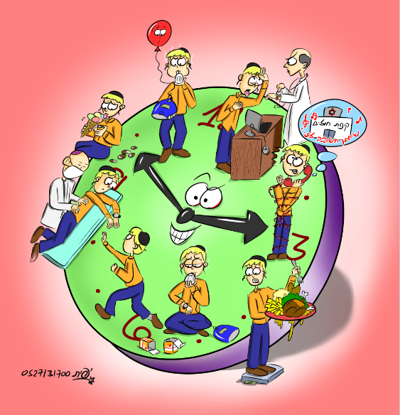 קריקטורה לעלון של אירגון חיים לילד העוזר לחולי סיאף. הקריקטורה מבטאת את המרוץ היומיומי של החולים אחרי אינסוף המטלות שעליהם לבצע