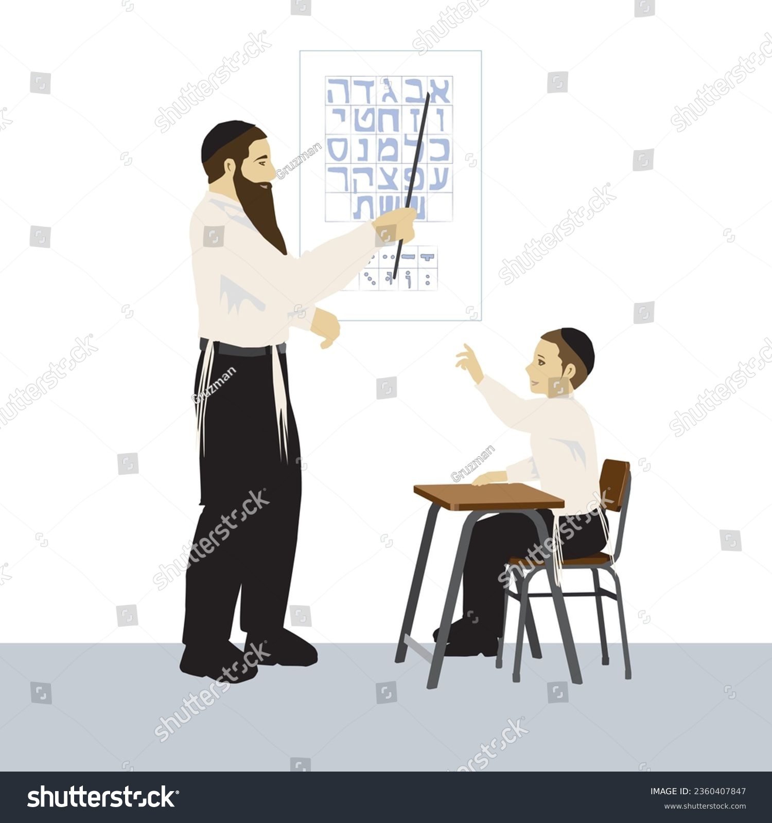 רב ותלמיד ציור איור מורה מלמד בחיידר חיידר תלמוד תורה חרדי דתי א ב אב לוח אותיות מצביע עם מקל ...jpg