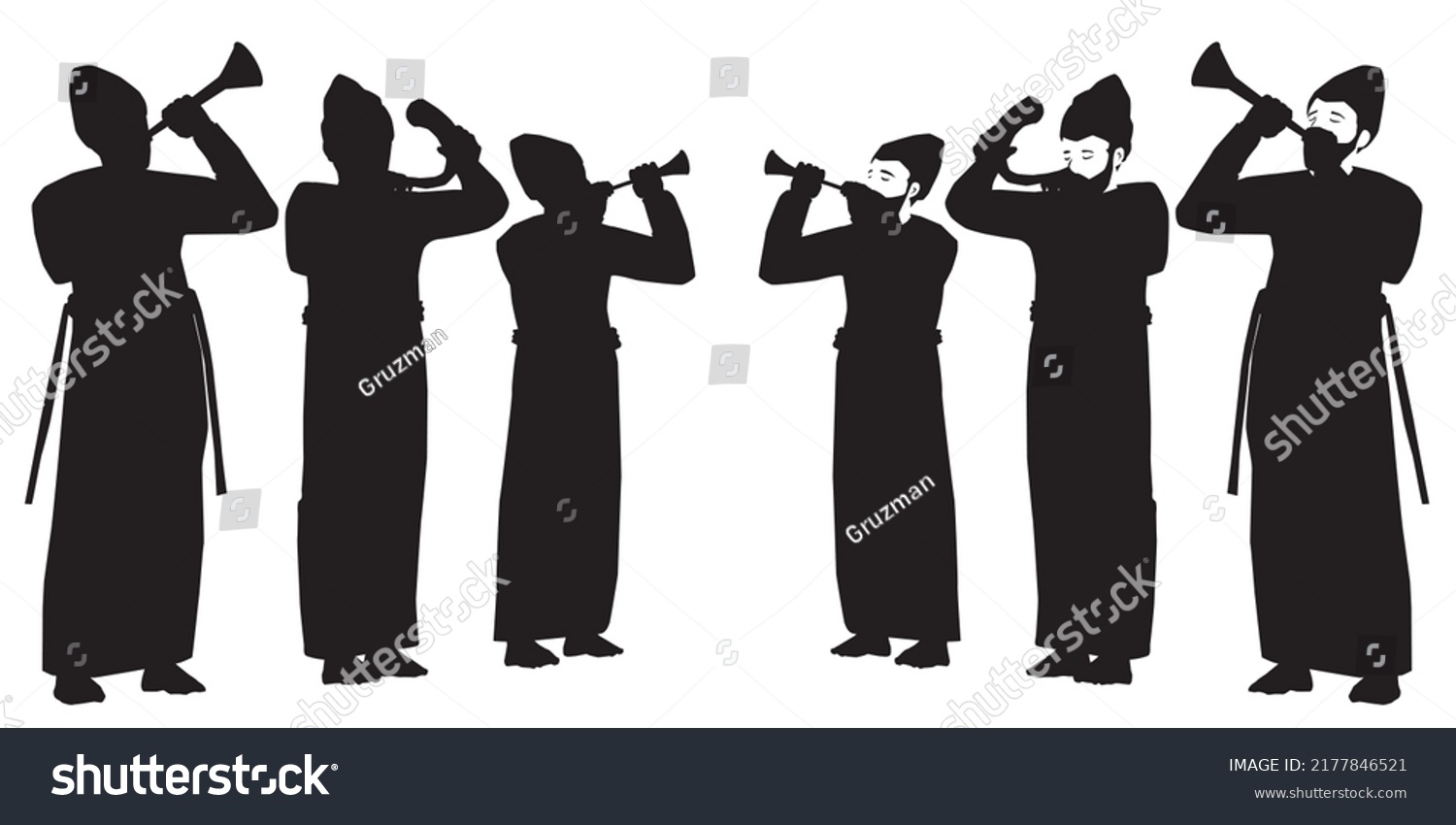 שחורות וקטורי של כהנים תוקעים בשופר בחצוצרה בחצוצרות בשופרות צללית שחורה כהן כוהן להורדה לקני...jpg