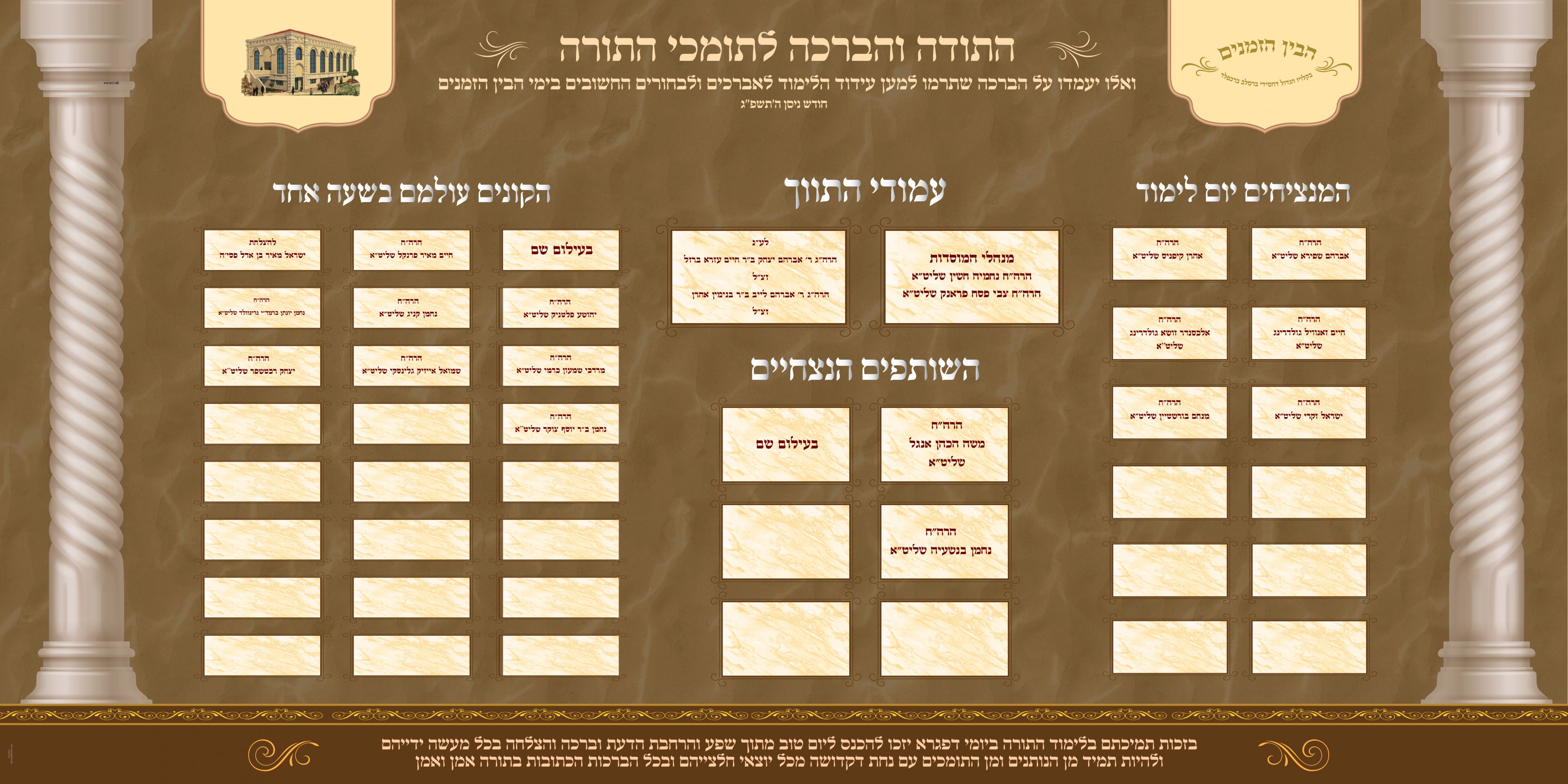 שלט הנצחת מתרימים לישיבת בין הזמנים ברסלב במודיעין עילית