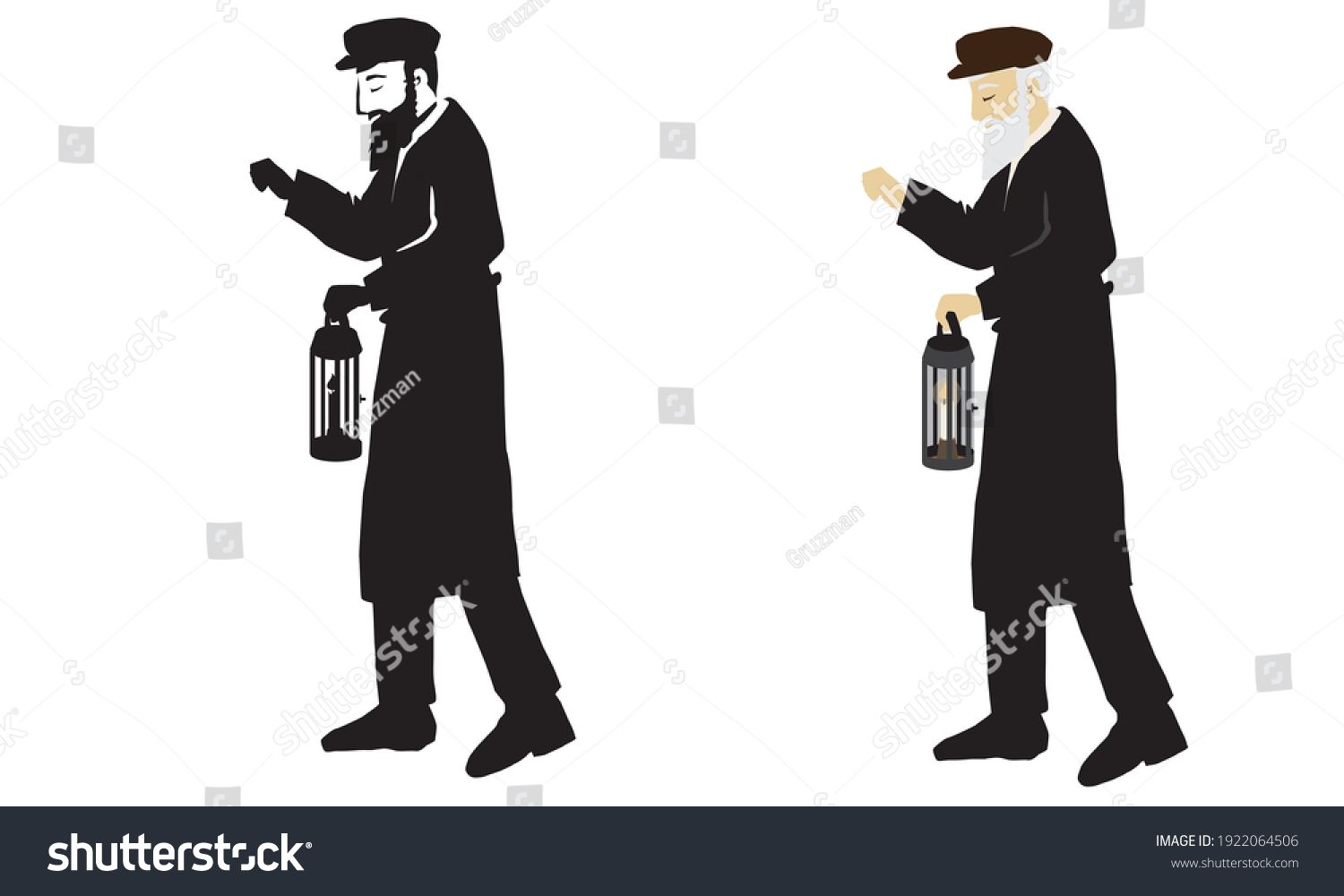 שמש בעיירה היהודית דופק על חלונות הבתים ומעיר אנשים לסליחות גבאי משמש זקן עששית עם זקן לבן וקס...jpg