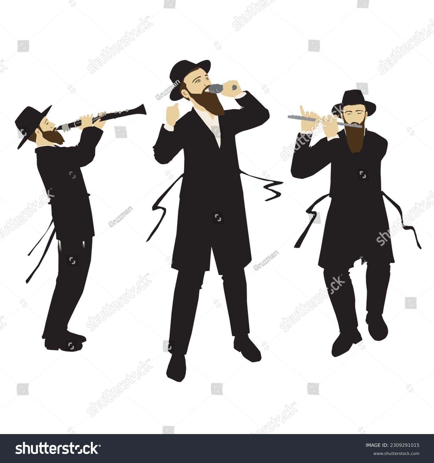 שר זמר חסידי בלבוש מגבעת חליפה מנגן נגן קלרינט ציור איור יהודי חליל צד תזמורת הופעה מופע שמחה...jpg