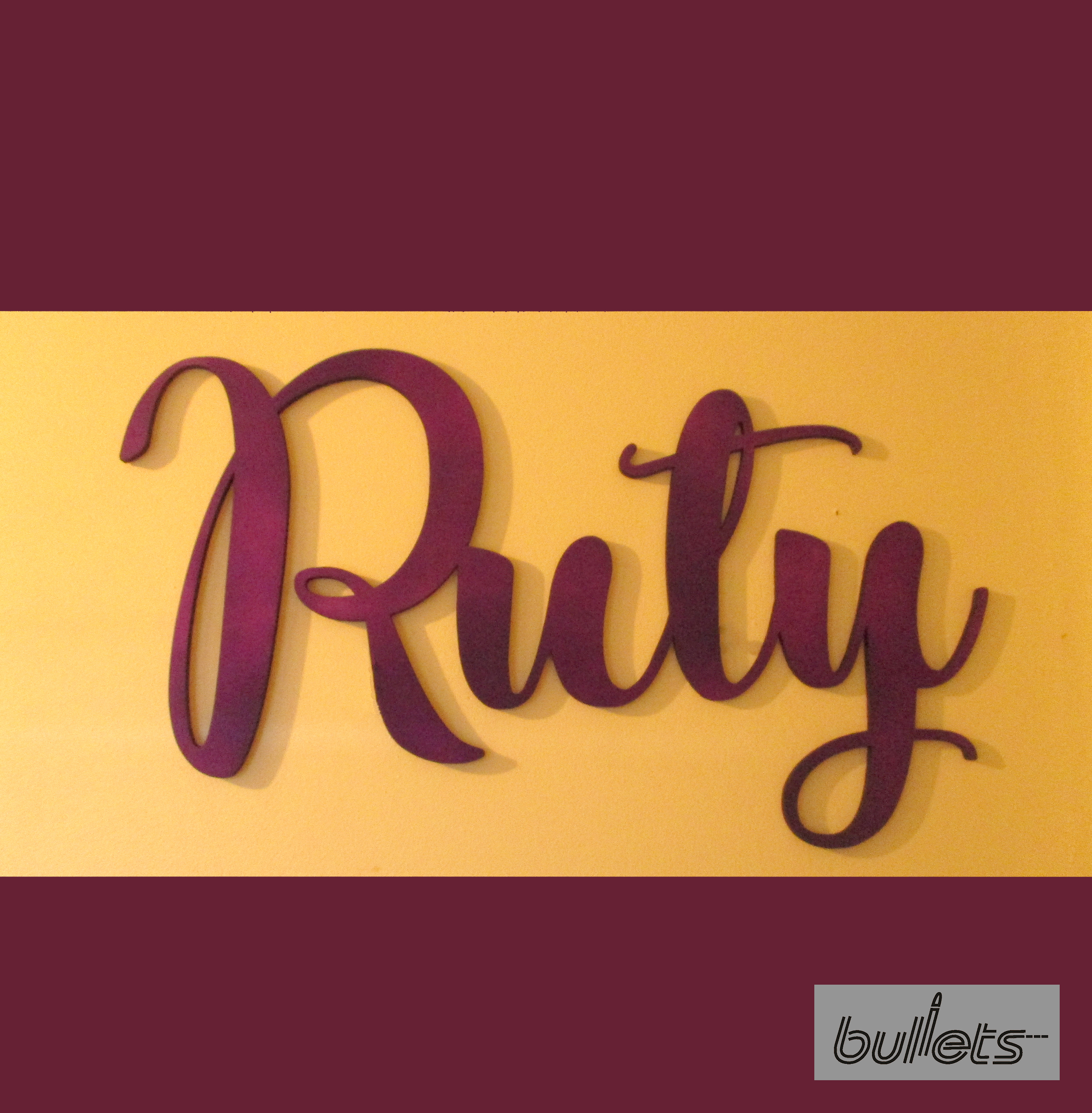 Bullets חיתוך בלייזר וצביעה שם מעץ לקיר 14