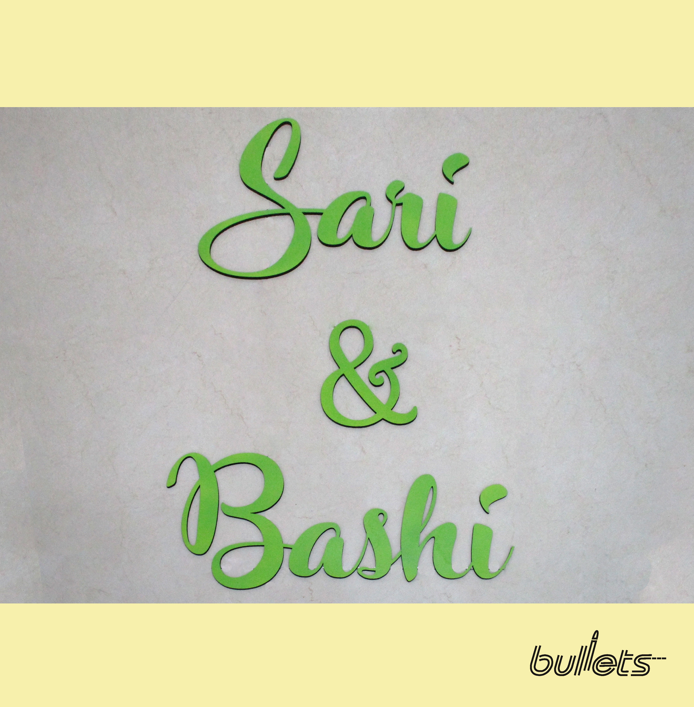 bullets חיתוך בלייזר וצביעה שם מעץ לקיר