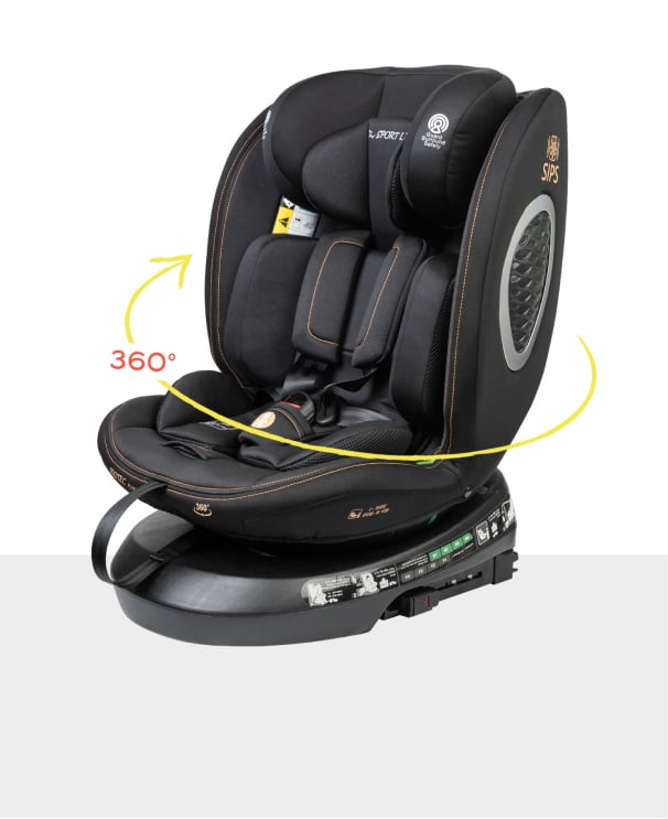 A black car seat with a 360° rotation feature, designed for safety and comfort, featuring adjustable straps and a sleek design.