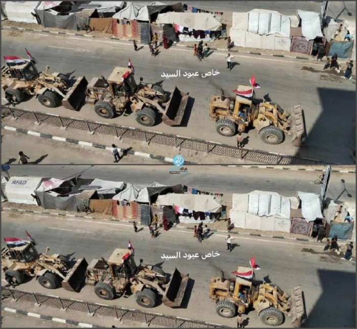  תיעוד מעזה: דחפורים מצריים חצו את רפיח בדרך למרכז העיר עזה לפינוי הריסות, שיקום כבישים והקמת מחנה אהלים זמני.