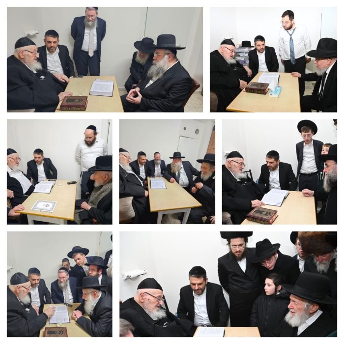 בניחום אבלים הערב מוצאי שבת אצל רבינו ראש הישיבה הגרמצ ברגמן: הגרי זילברשטיין, הגרע אויערבאך, הגרי אזרחי, הגרד לוי, הגריש קנייבסקי, הגרז ברלין, הגרבמ אטינגר, הגרח ברמן והגרש גריינמן (צילום: שוקי לרר)