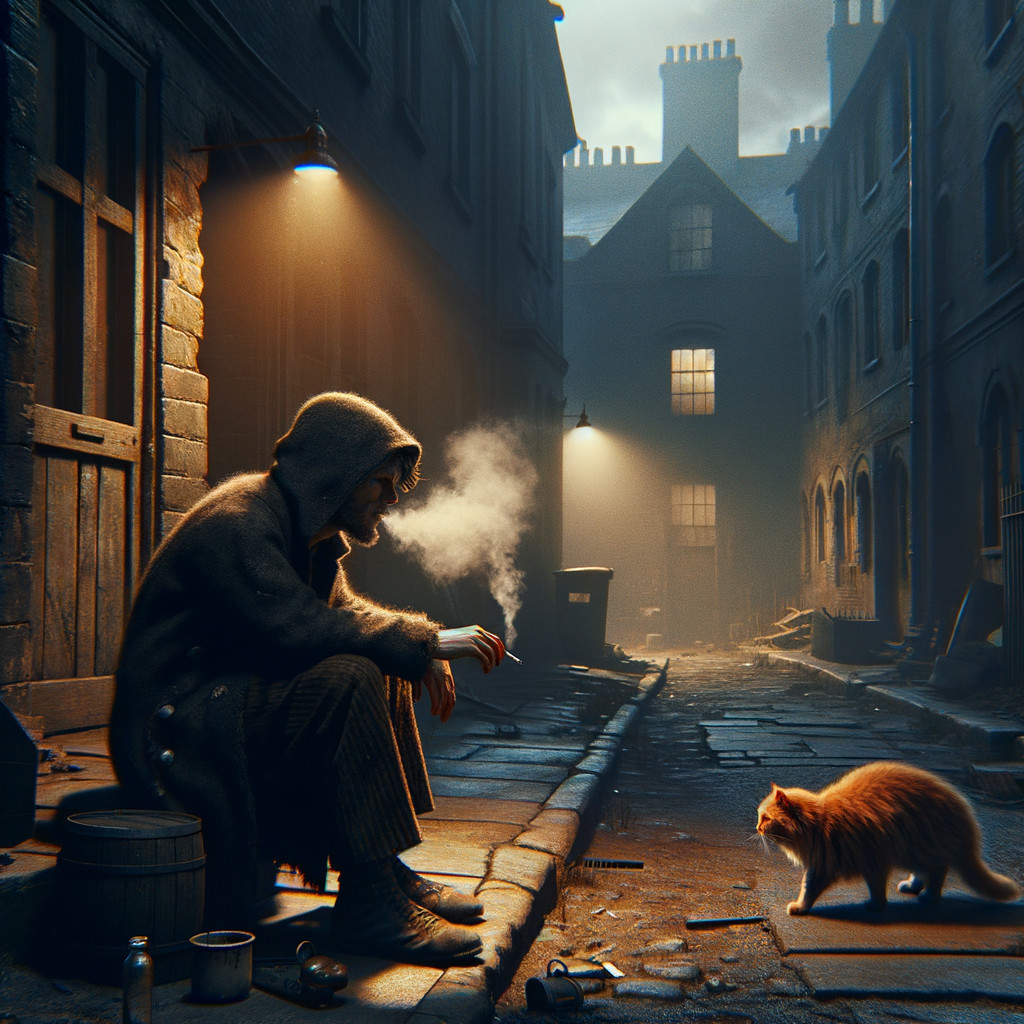 Solitary Figure in Dim Alley with Orange Cat