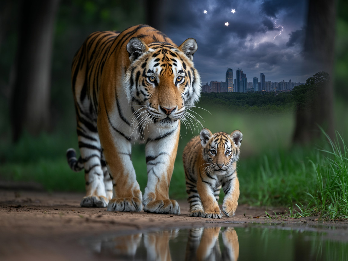 Urban Jungle: Tiger and Cub by the Pool